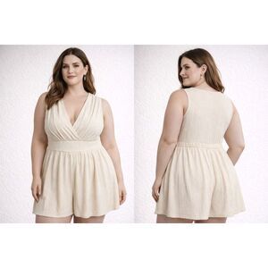 SHEIN Curve 1XL Cream Skort Romper Sleeveless V-Neck Textured Jumpsuit Plus Size